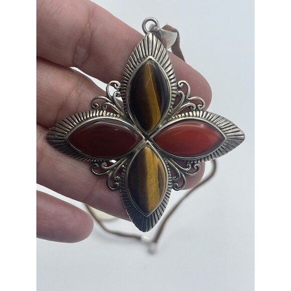 925 GFJ THAI Sterling Silver Tigers Eye & Carnelian Agate Pendant Necklace - Picture 4 of 7